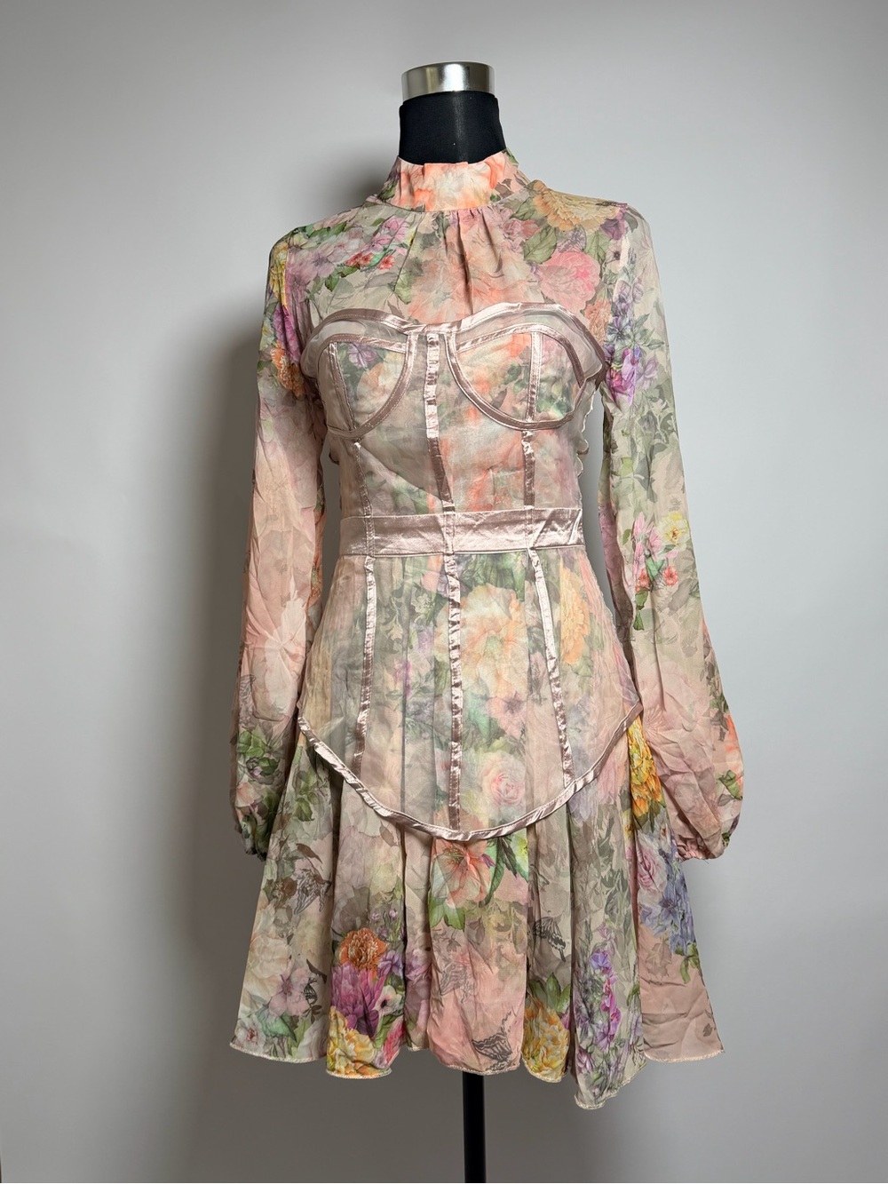 Miss Ord Floral Corset Mini Dress M Sheer Puff Sleeve Cottagecore Pink - Picture 7 of 7